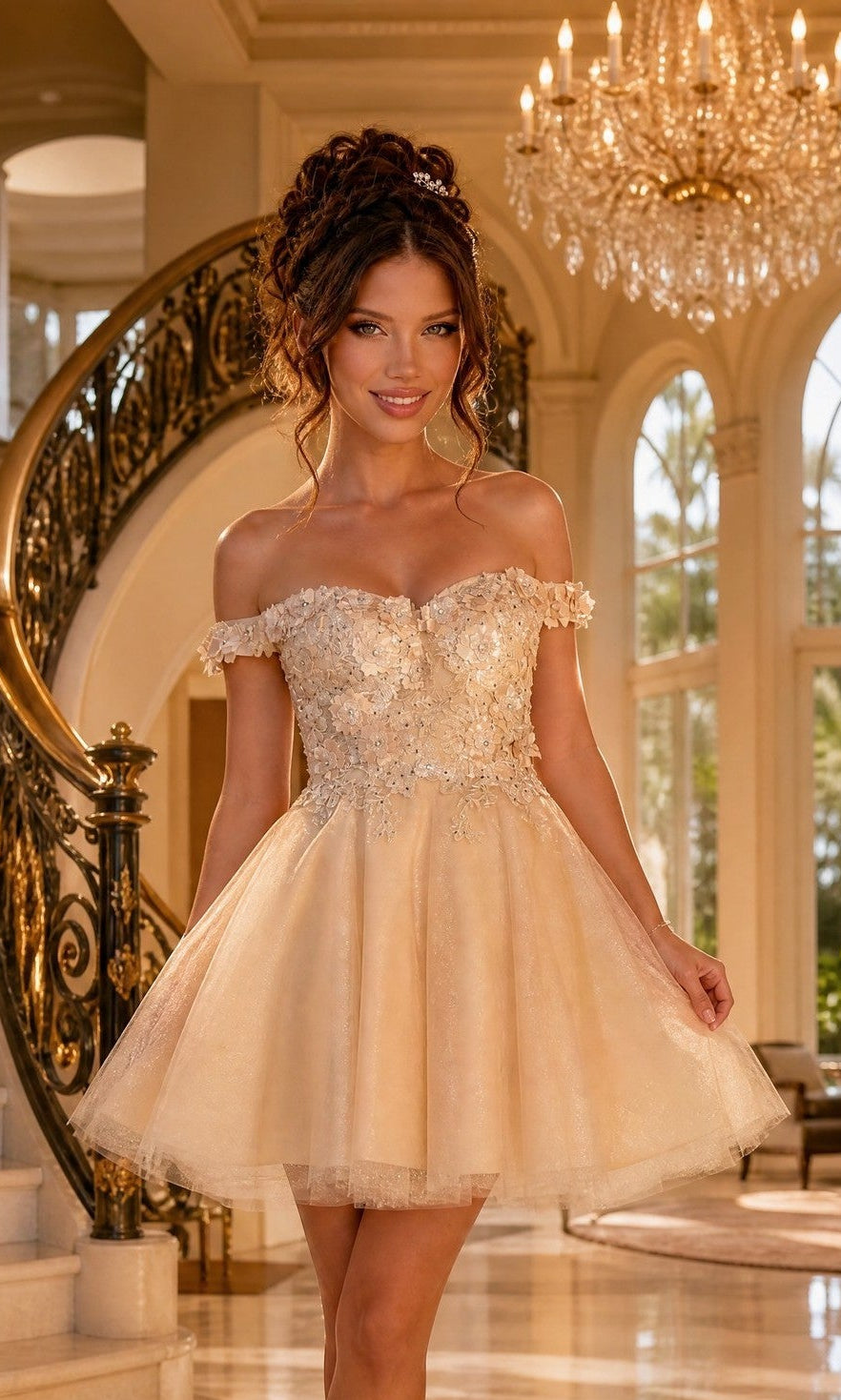 Smiling indoors by a staircase and chandelier, the woman stuns in the chic Beaded-Bodice Short A-Line Homecoming Dress C315.